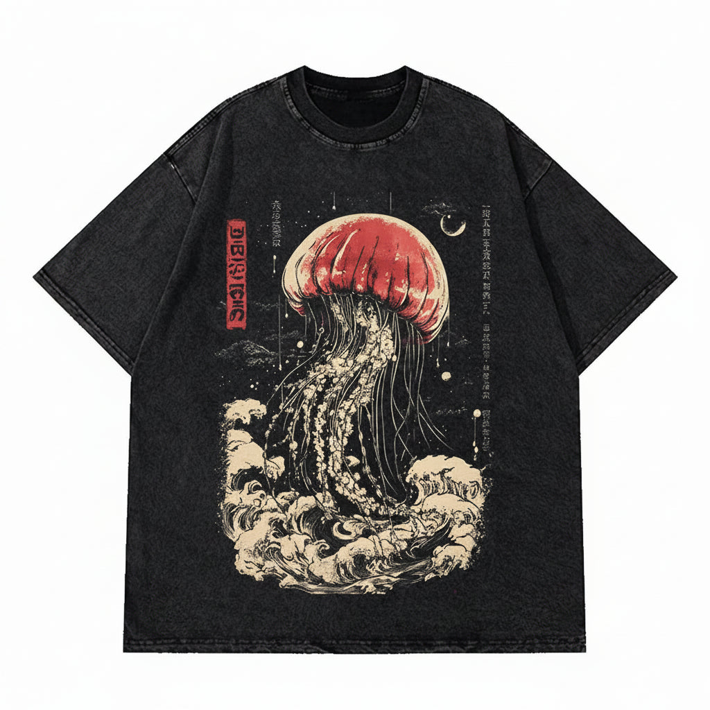 Oversized Vintage Jellyfish Print Unisex Cotton T-Shirt