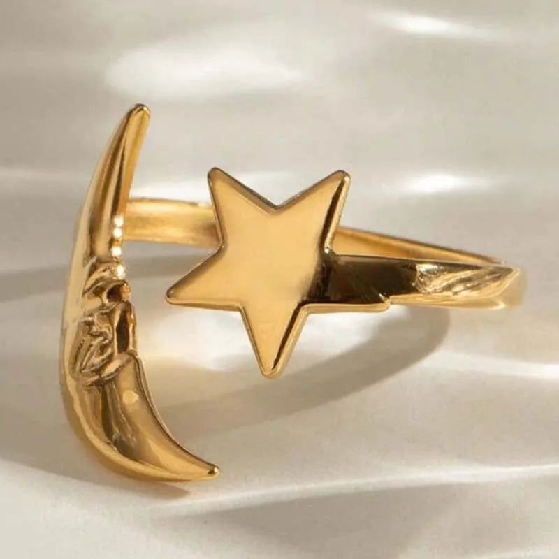 Stainless Steel Star Moon Ring – Adjustable Gold Finish