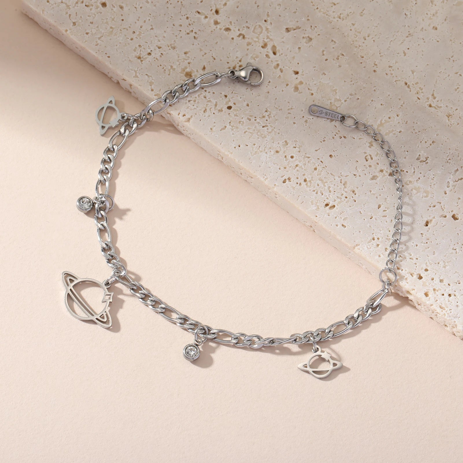 Saturn Planet Zircon Charm Bracelet Stainless Steel