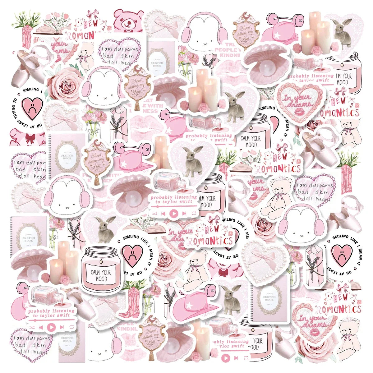 Cute Pink Bunny & Bear Graffiti Sticker Pack (46 Pcs)