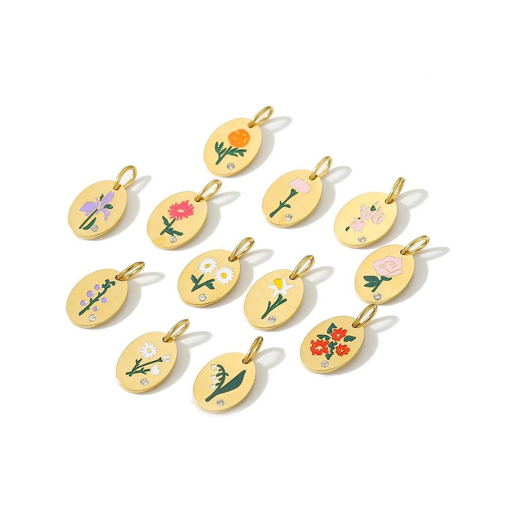 Oval Birth Flower Pendant Necklace For Women