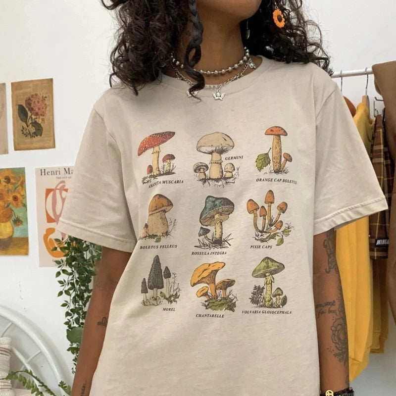 Vintage Mushroom Graphic Tee – Oversized Cotton Top