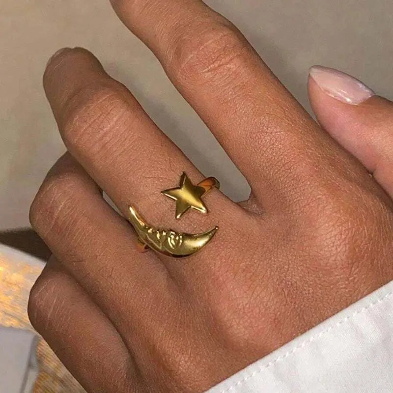 Stainless Steel Star Moon Ring – Adjustable Gold Finish