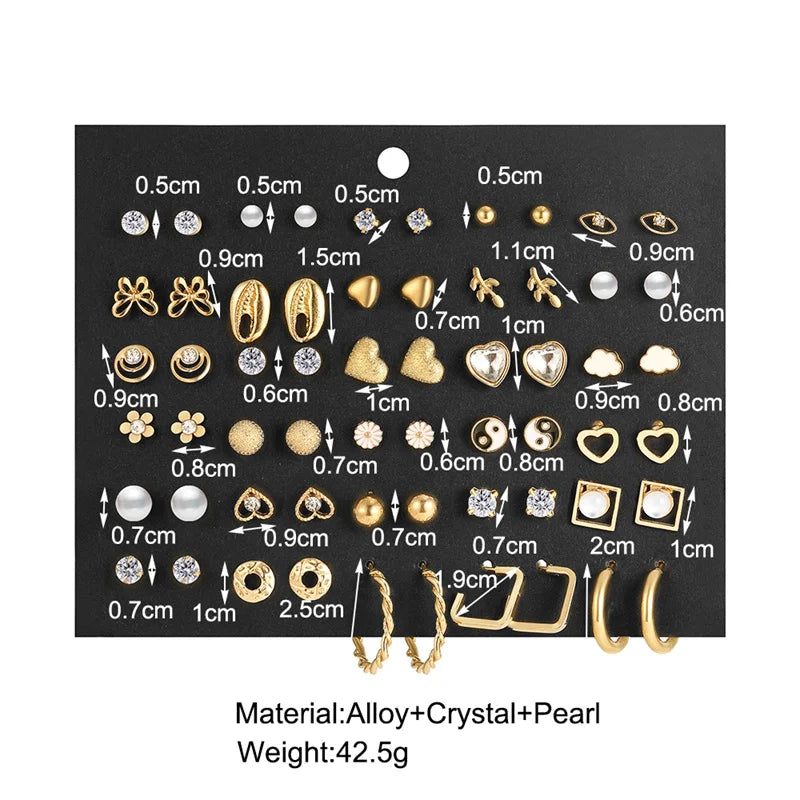 Gold Tone Butterfly & Heart Stud Earring Set, 40 Pairs