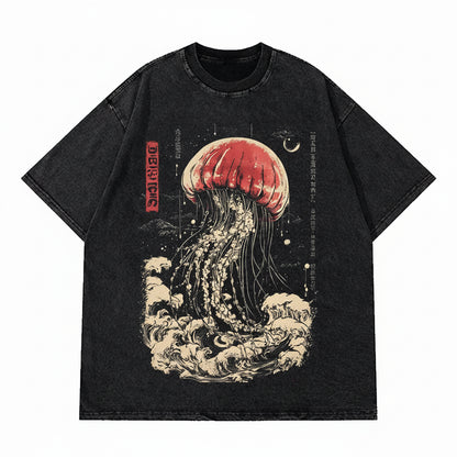 Oversized Vintage Jellyfish Print Unisex Cotton T-Shirt