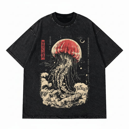 Oversized Vintage Jellyfish Print Unisex Cotton T-Shirt