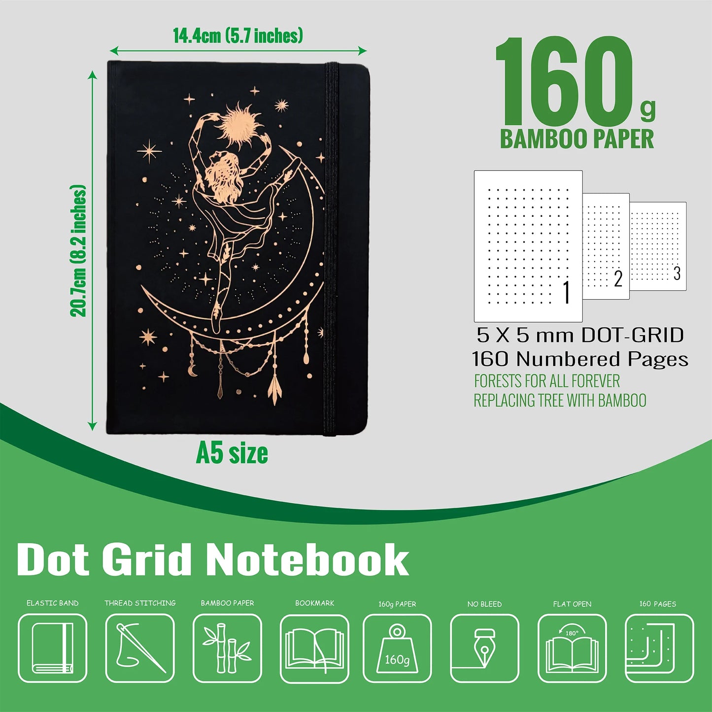 A5 Dot Grid Bullet Journal Notebook, 160gsm No-Bleed Paper