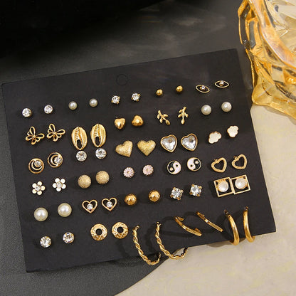 Gold Tone Butterfly & Heart Stud Earring Set, 40 Pairs