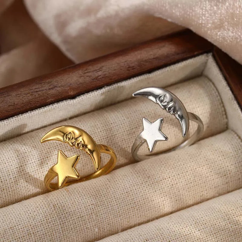 Stainless Steel Star Moon Ring – Adjustable Gold Finish