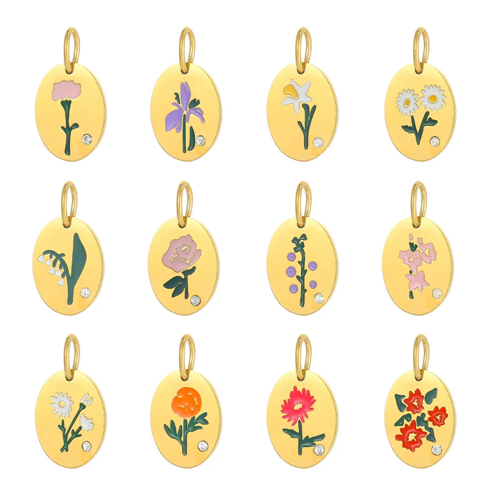 Oval Birth Flower Pendant Necklace For Women