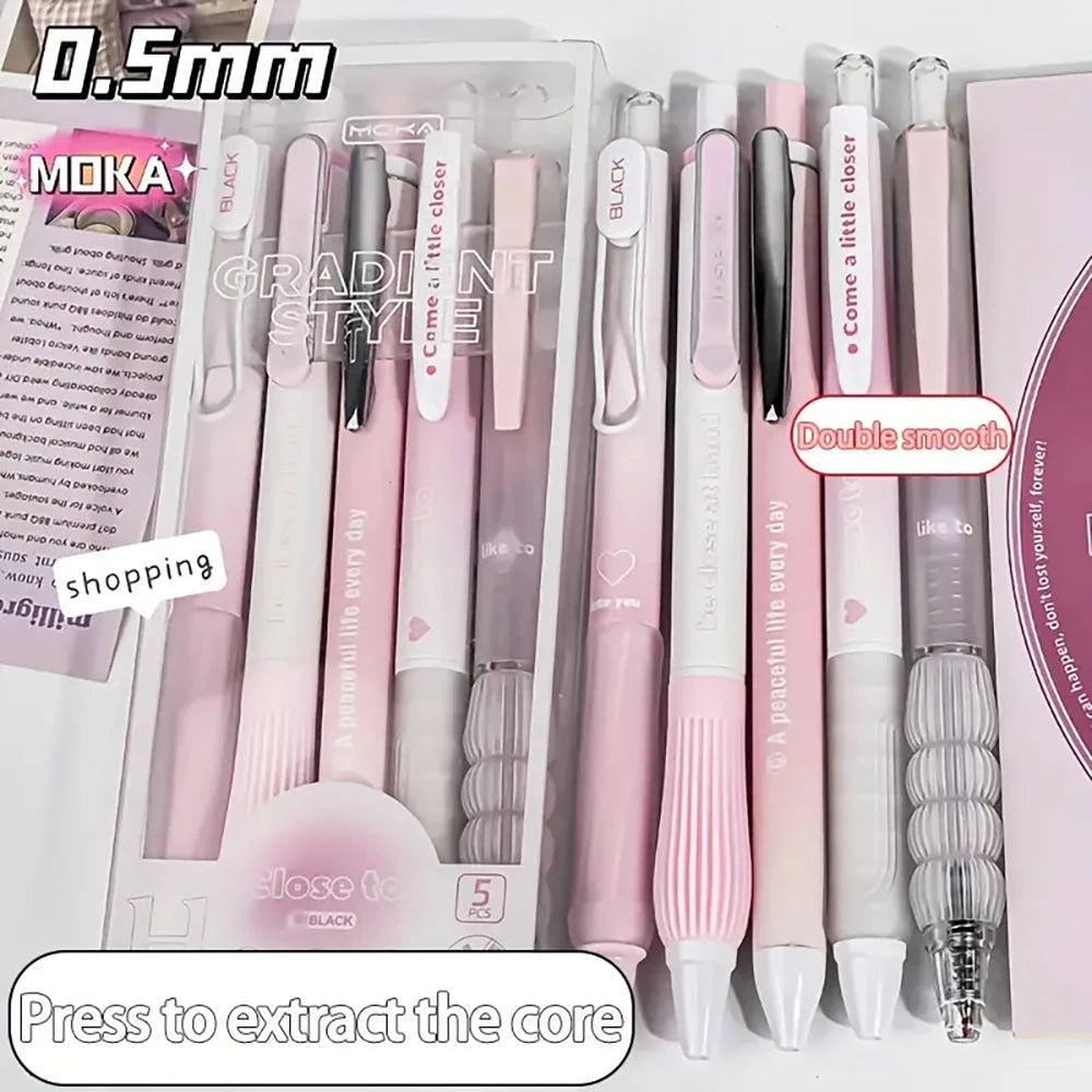 Set Of 5 Pink Retractable Gel Pens 0.5 mm Fine Point