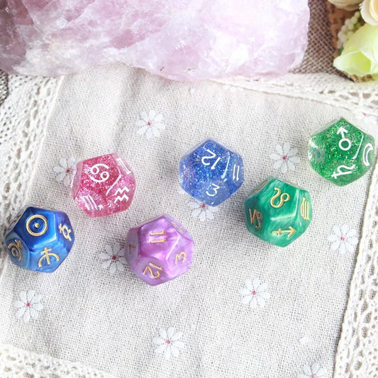 Astrology Zodiac 12-Sided Dice Set – Pearl & Clear Resin