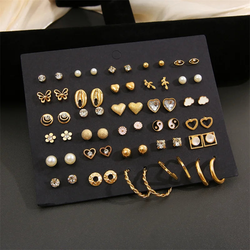 Gold Tone Butterfly & Heart Stud Earring Set, 40 Pairs