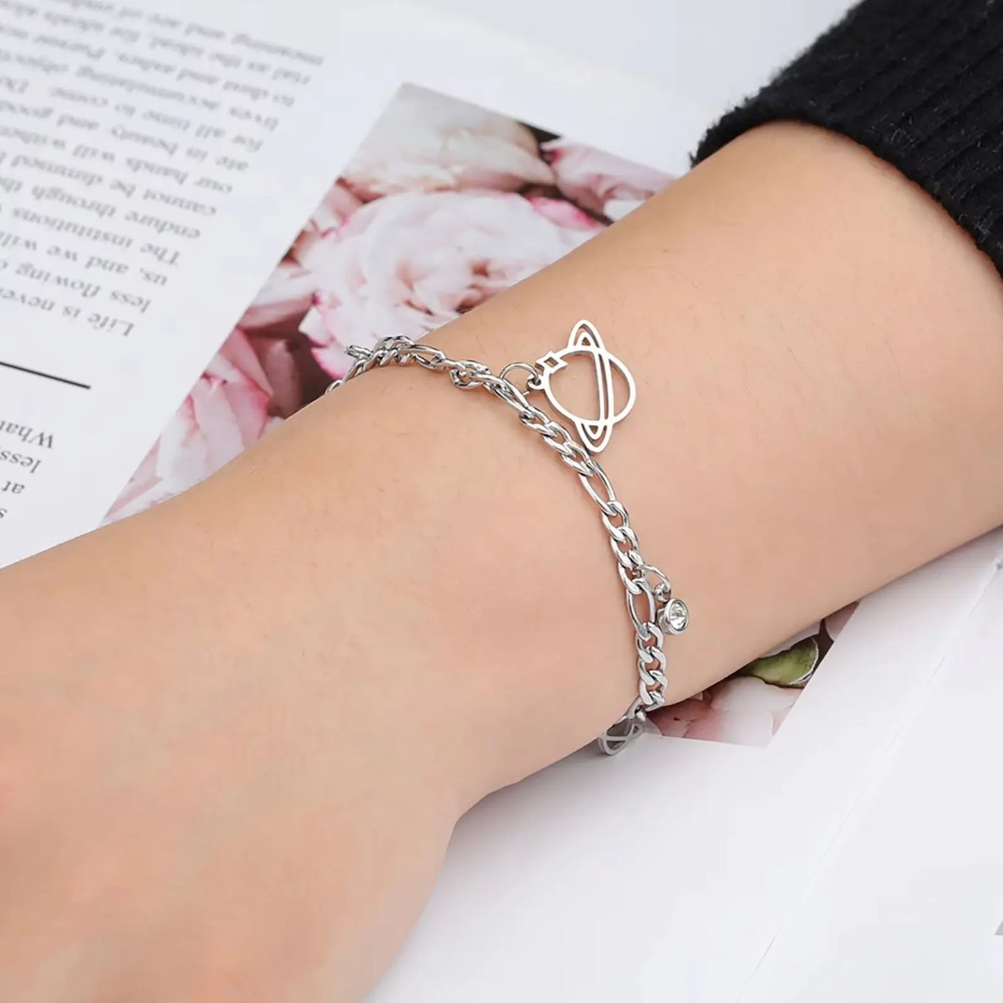Saturn Planet Zircon Charm Bracelet Stainless Steel