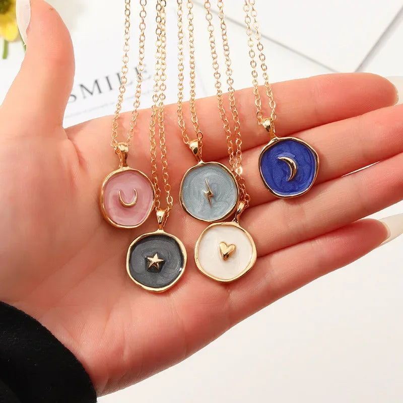 Bohemian Enamel Moon Star Pendant Necklace For Women