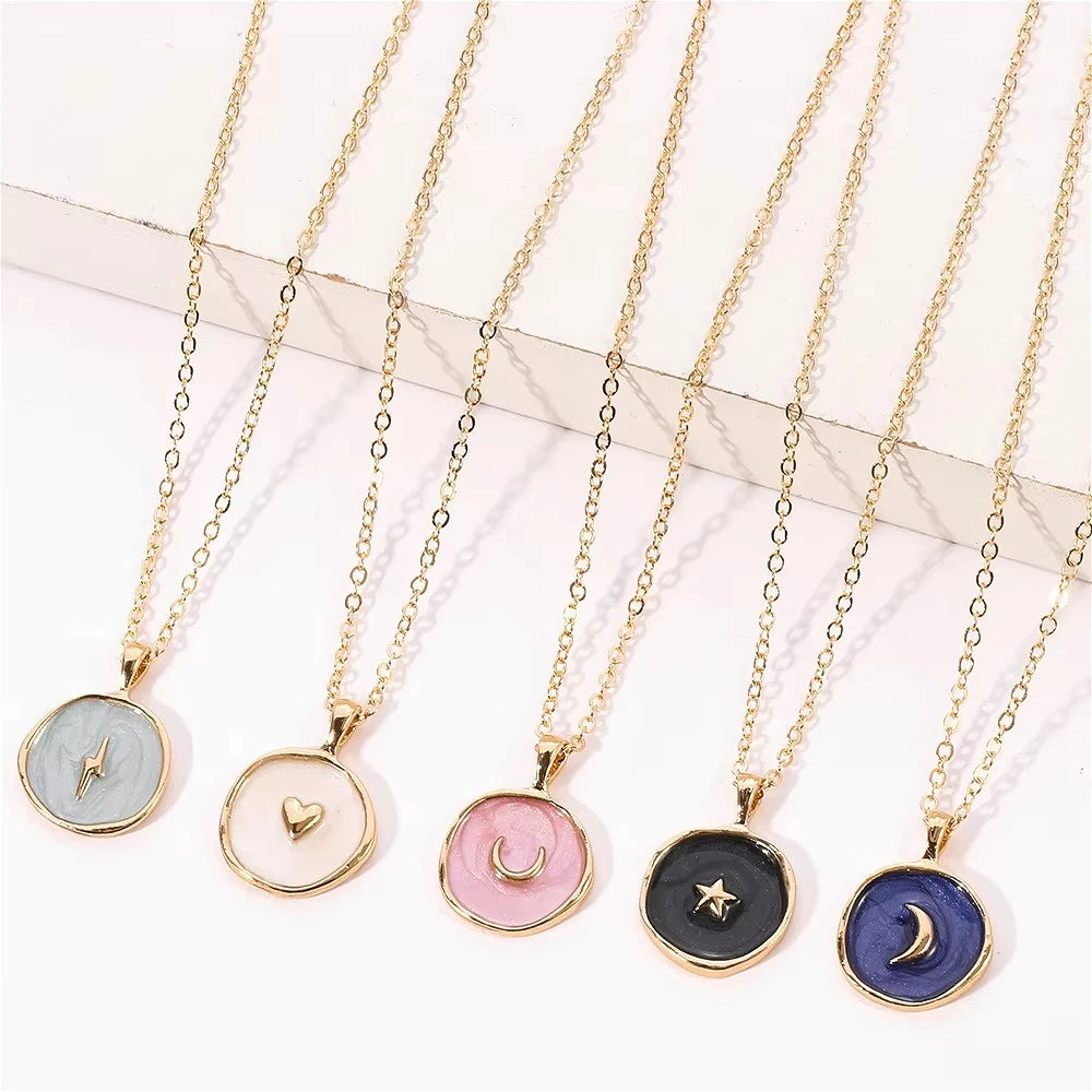 Bohemian Enamel Moon Star Pendant Necklace For Women