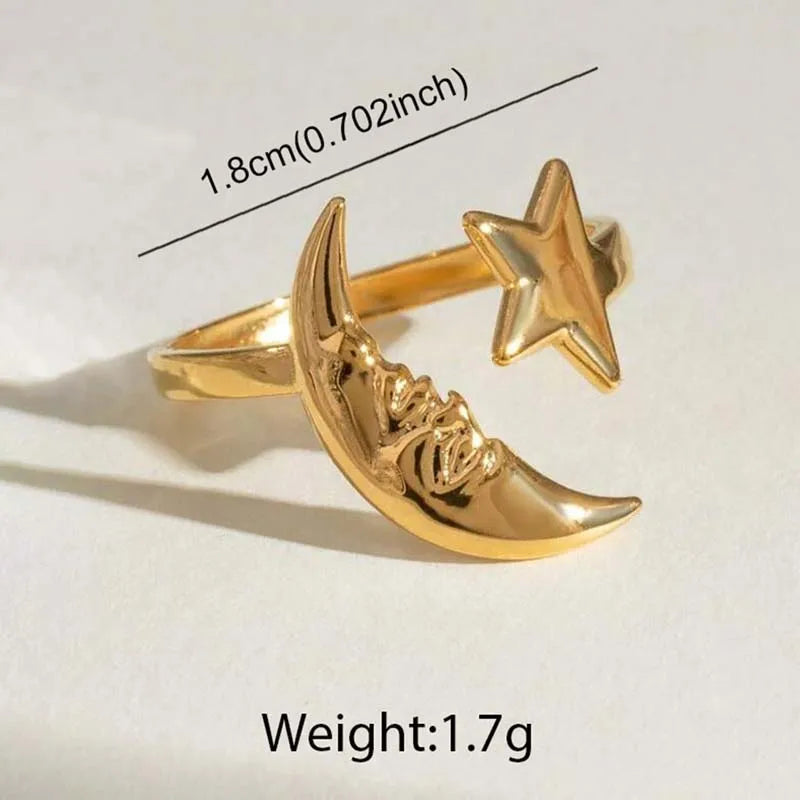 Stainless Steel Star Moon Ring – Adjustable Gold Finish
