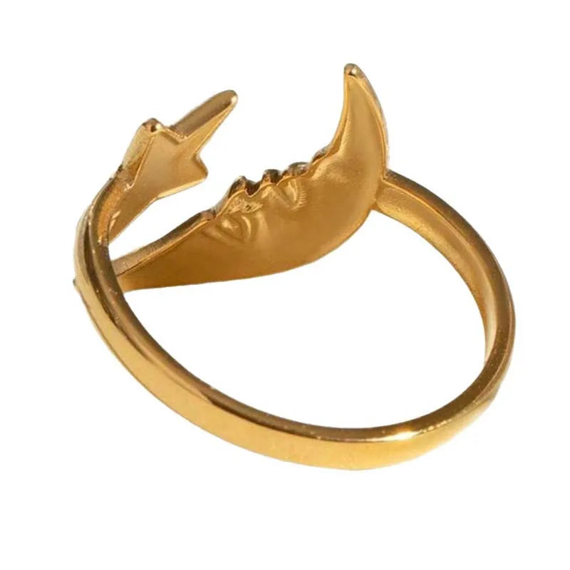 Stainless Steel Star Moon Ring – Adjustable Gold Finish