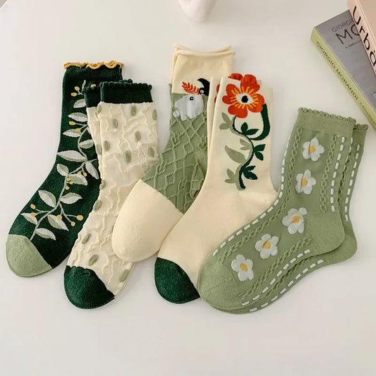 Women’s Floral Cotton Crew Socks Cute Harajuku Style