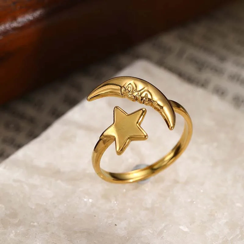 Stainless Steel Star Moon Ring – Adjustable Gold Finish