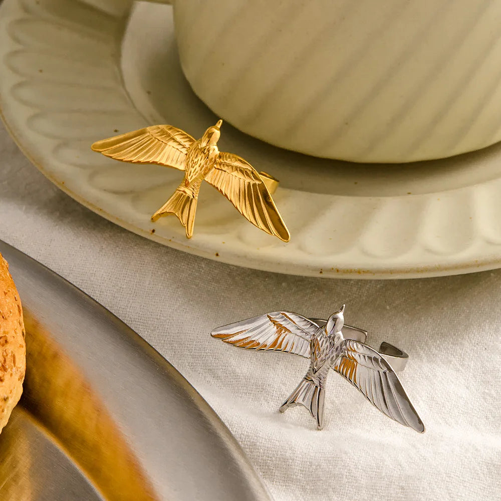 Stainless Steel Flying Bird Ring – Adjustable Animal Band
