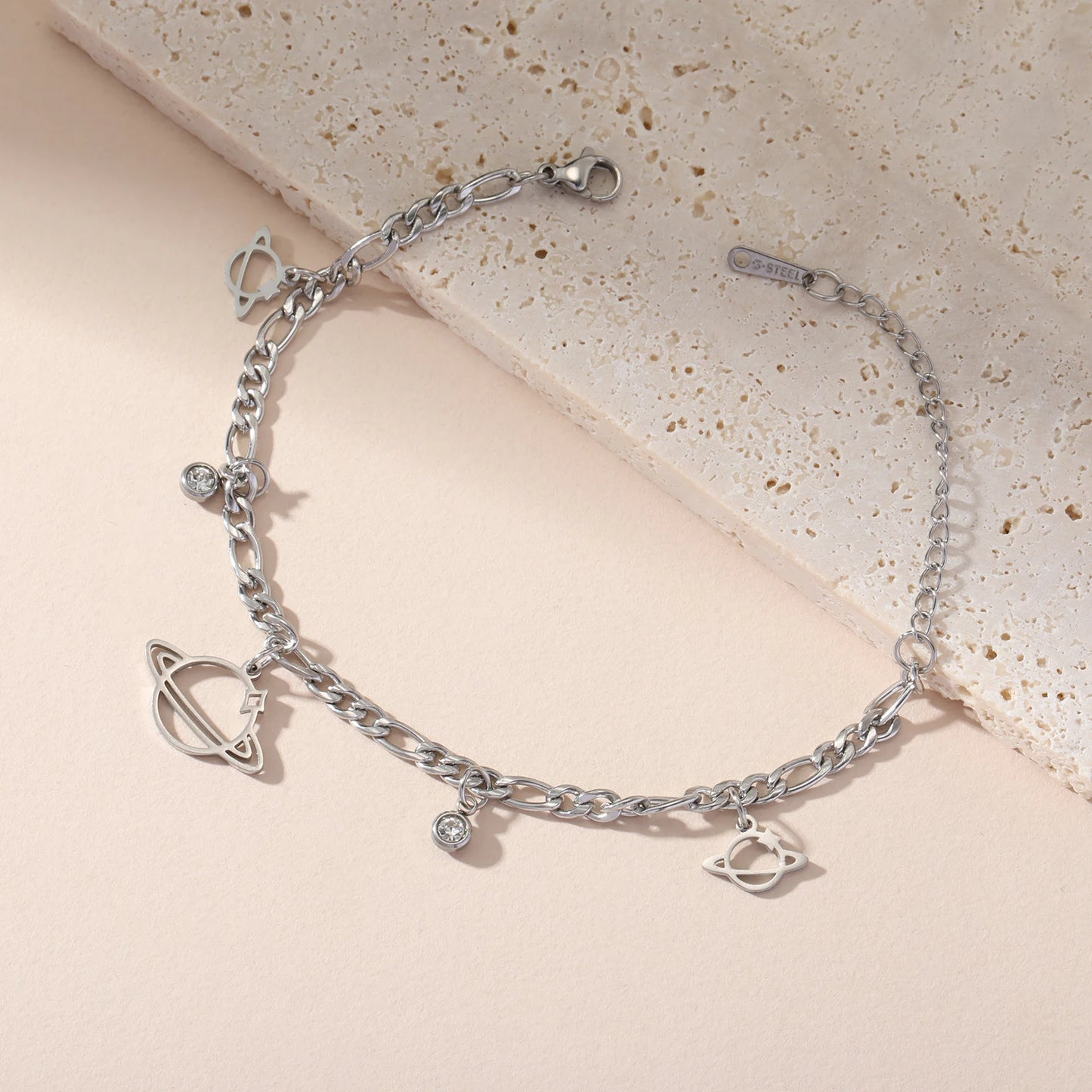 Saturn Planet Zircon Charm Bracelet Stainless Steel