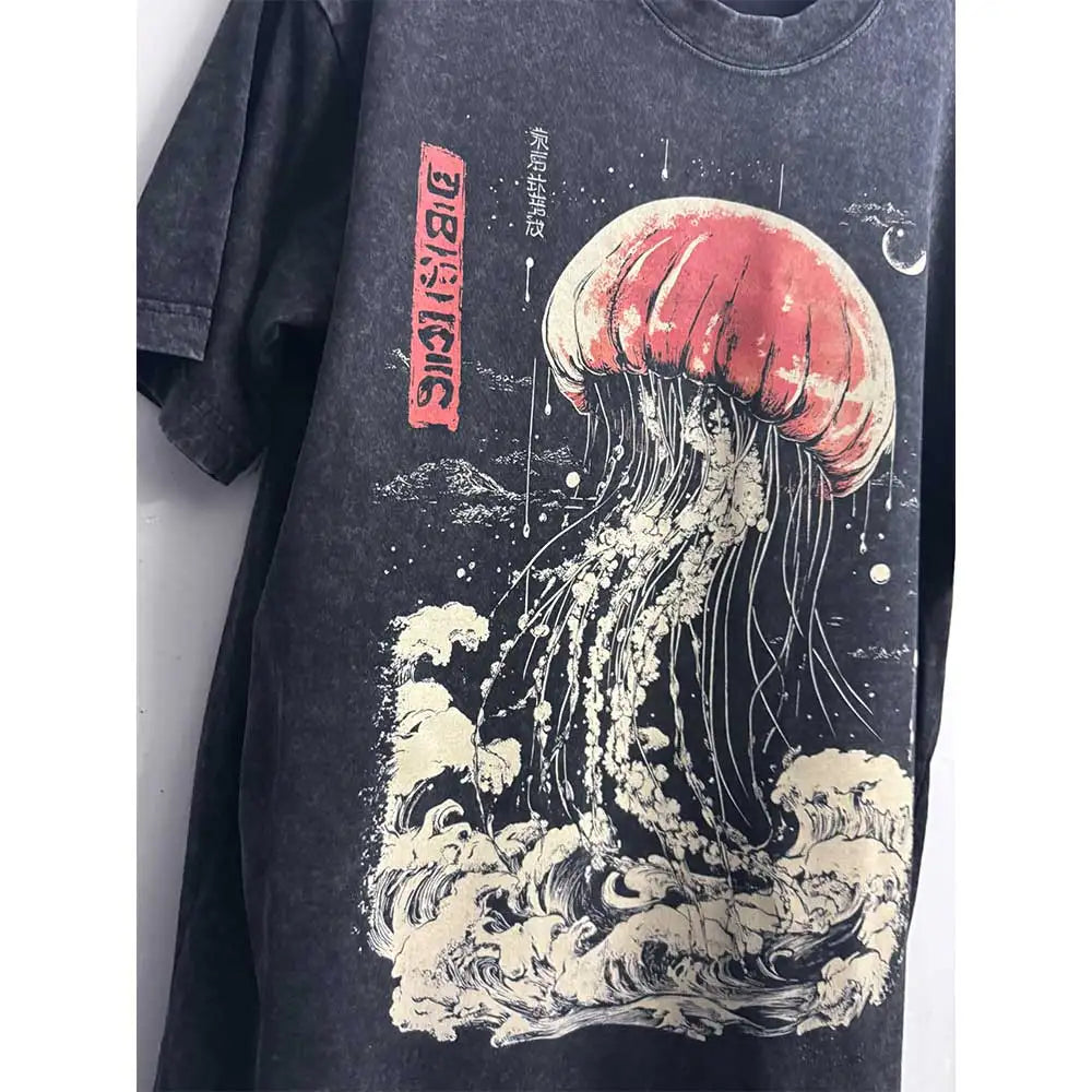 Oversized Vintage Jellyfish Print Unisex Cotton T-Shirt