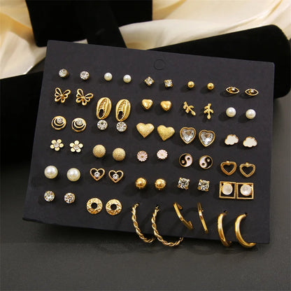 Gold Tone Butterfly & Heart Stud Earring Set, 40 Pairs