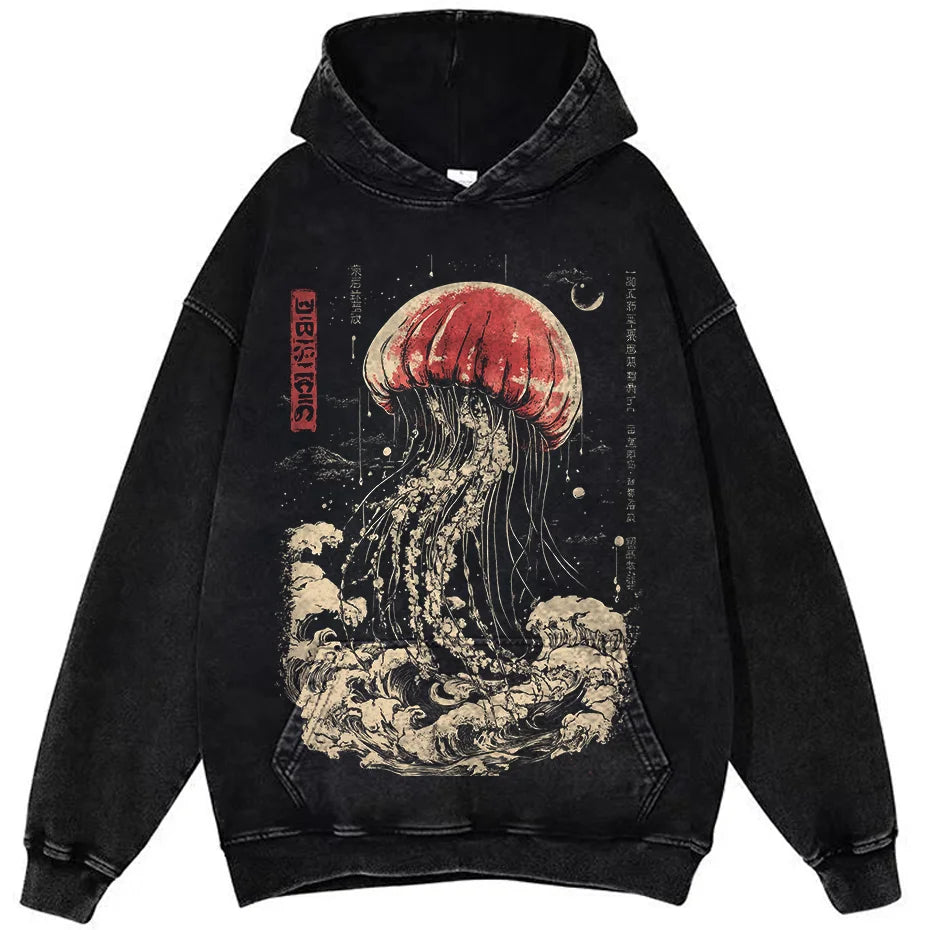 Oversized Vintage Jellyfish Print Unisex Cotton Hoodie
