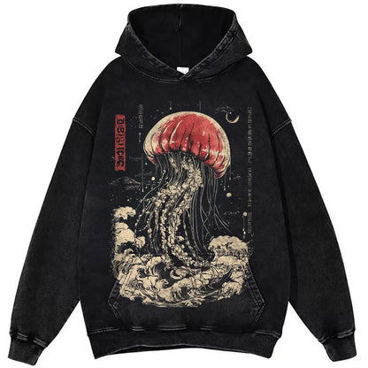 Oversized Vintage Jellyfish Print Unisex Cotton Hoodie