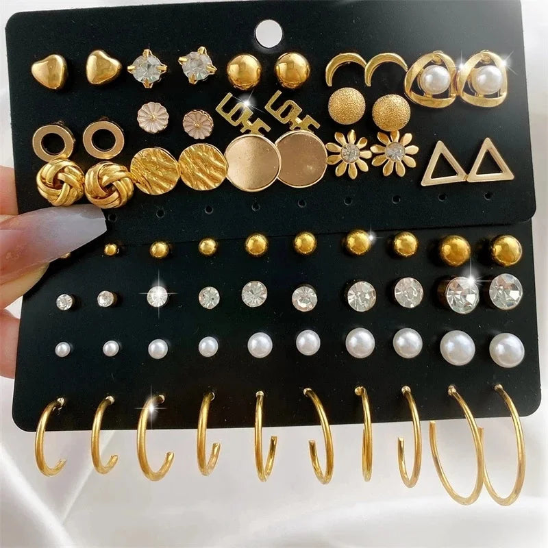 Gold Tone Butterfly & Heart Stud Earring Set, 40 Pairs