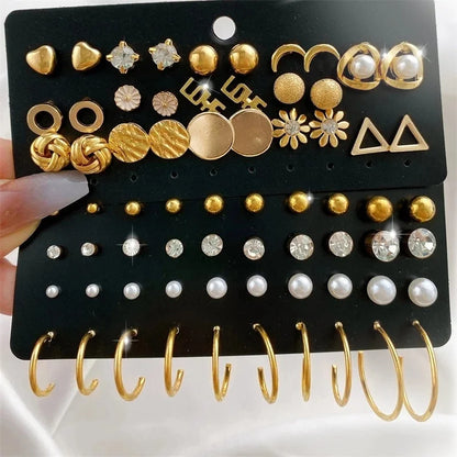 Gold Tone Butterfly & Heart Stud Earring Set, 40 Pairs
