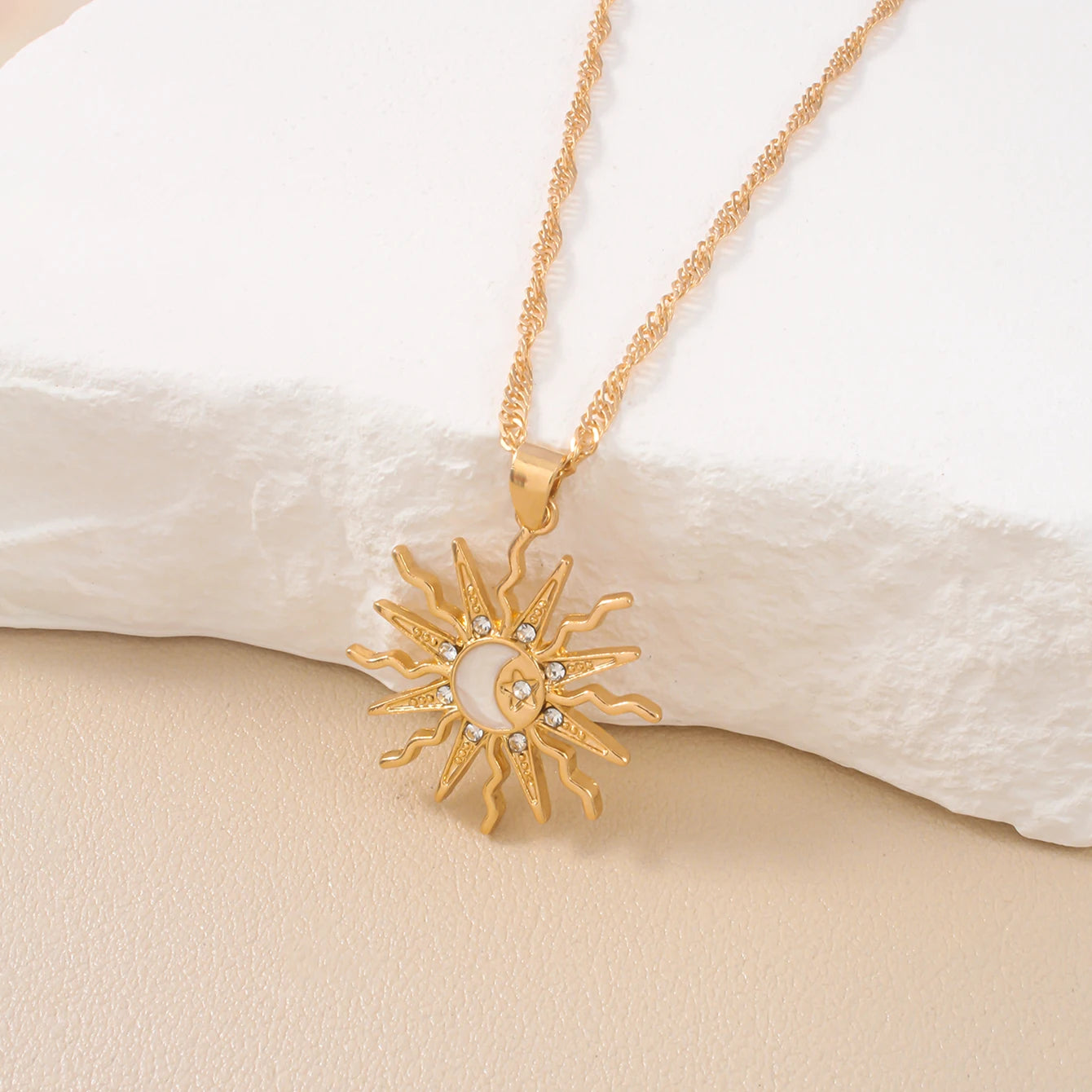 Sun, Moon & Star Rhinestone Pendant Necklace for Women