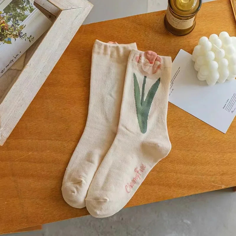 Women’s Frilly Flower Socks Casual Cotton Crew