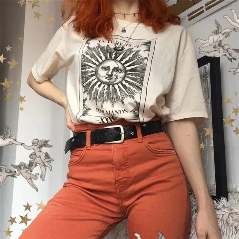 Sun And Moon Graphic Vintage Beige Women’s T-Shirt