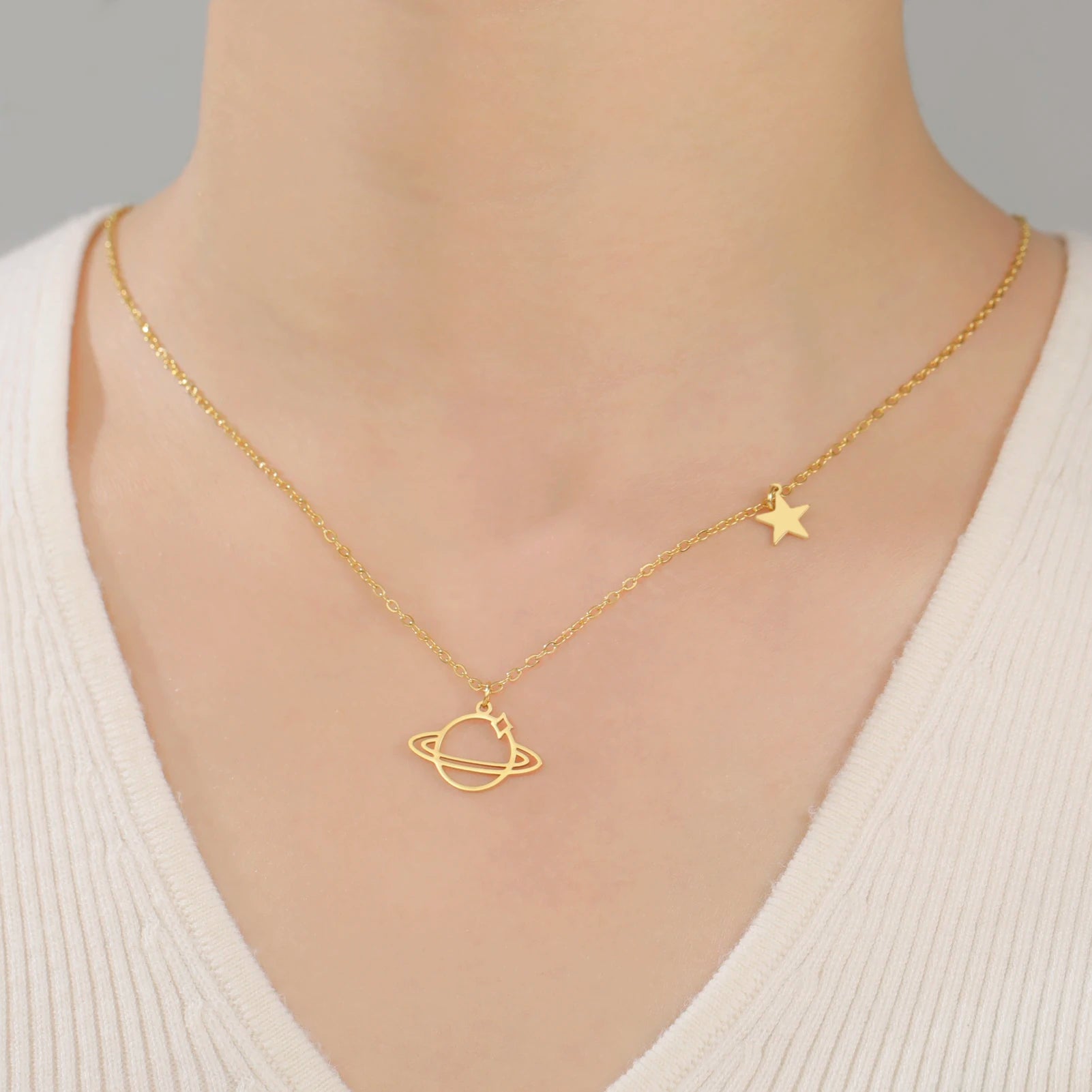Saturn Planet Pendant Necklace Stainless Steel Jewelry