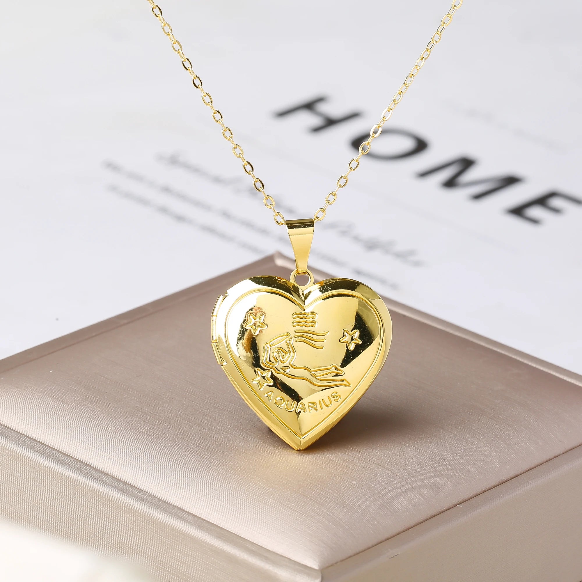 Zodiac Heart Locket Necklace Photo Pendant for Women
