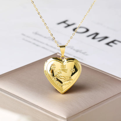 Zodiac Heart Locket Necklace Photo Pendant for Women