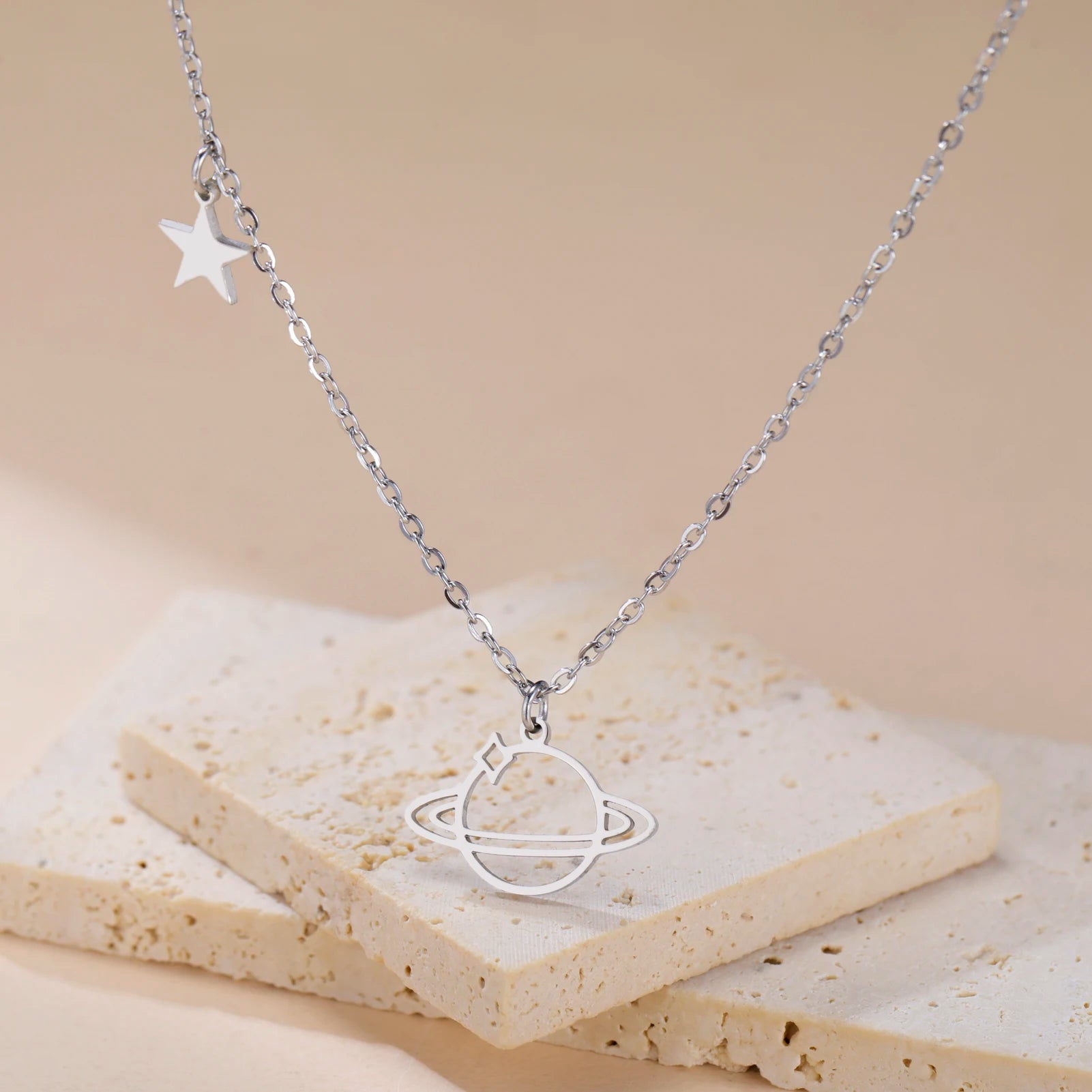Saturn Planet Pendant Necklace Stainless Steel Jewelry