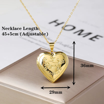 Zodiac Heart Locket Necklace Photo Pendant for Women