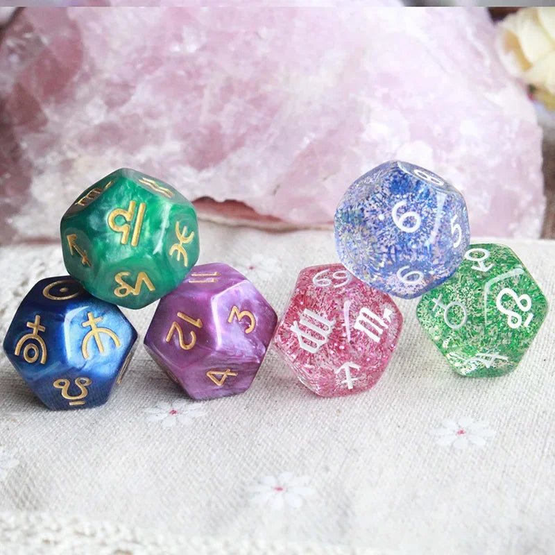Astrology Zodiac 12-Sided Dice Set – Pearl & Clear Resin