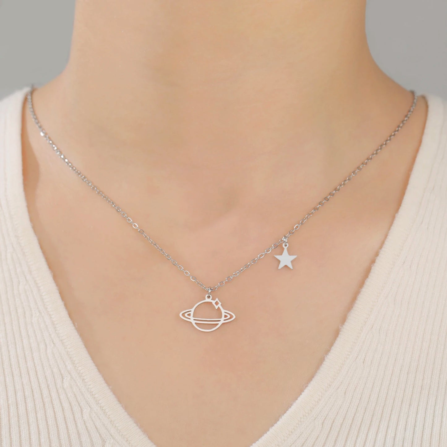 Saturn Planet Pendant Necklace Stainless Steel Jewelry