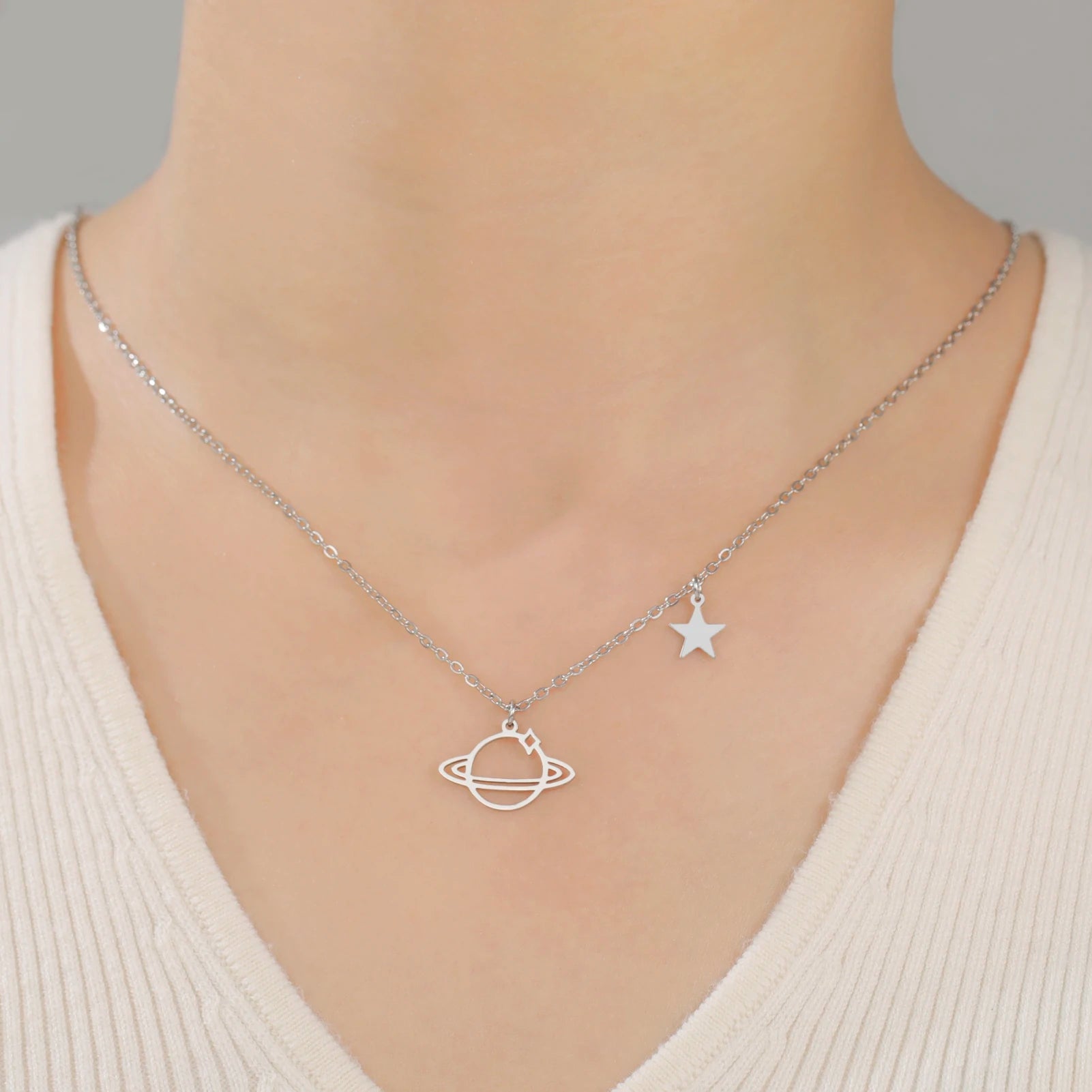 Saturn Planet Pendant Necklace Stainless Steel Jewelry