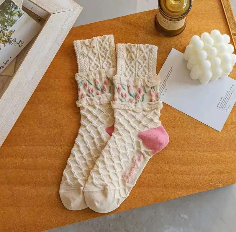 Women’s Frilly Flower Socks Casual Cotton Crew